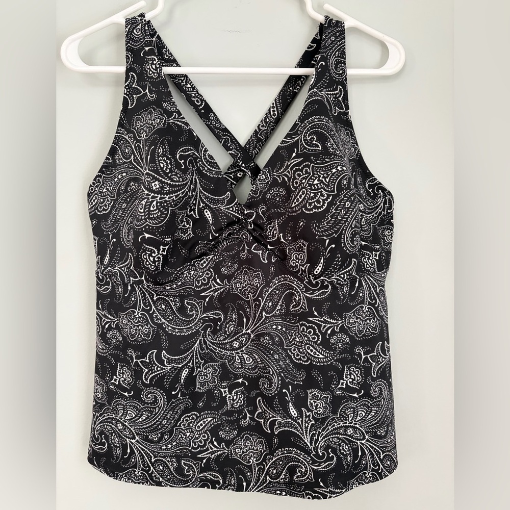 Lands' End Black and White Paisley Tankini Top Built In Underwire Bra, 14 DD